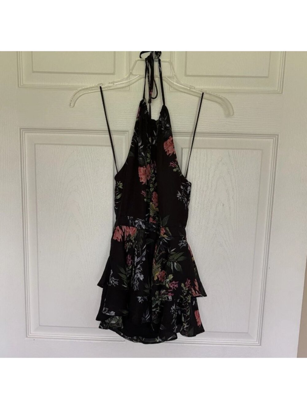 Parker NY Black Multicolor Floral Low Back Halter Top Tiered Keyhole Small NWT